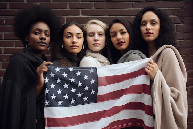 Group of young multiethnic women holding American flag