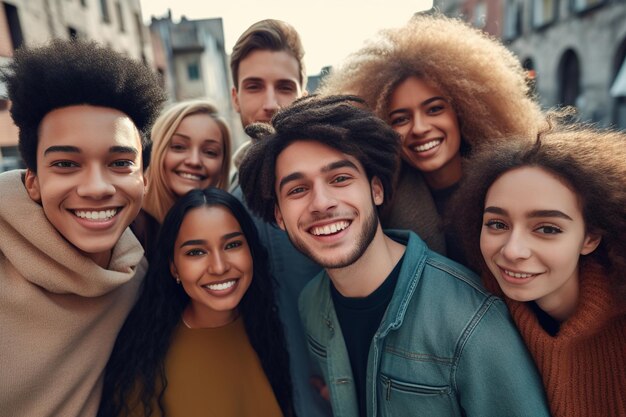 Photo group of young multiracial people smiling on camera