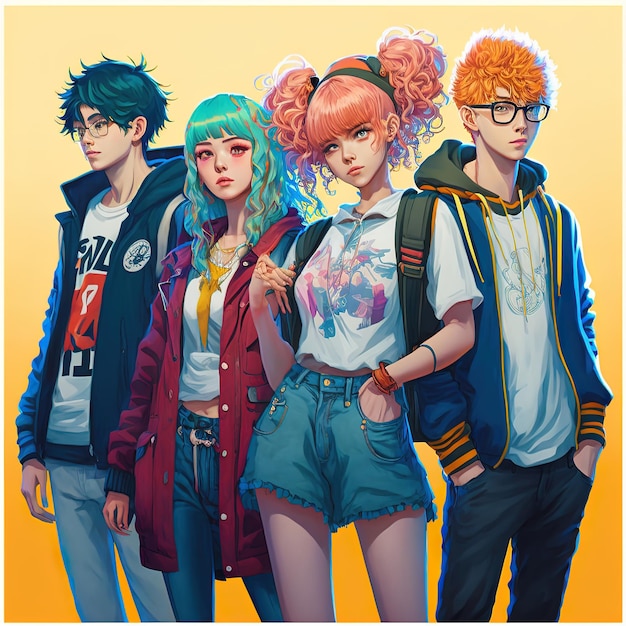 Group of young people in anime style manga girls and boys Generative AI