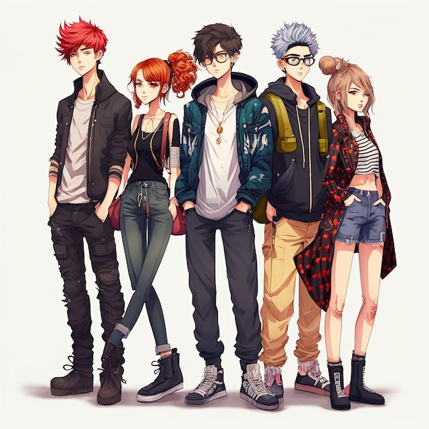 Group of young people in anime style manga girls and boys Generative AI