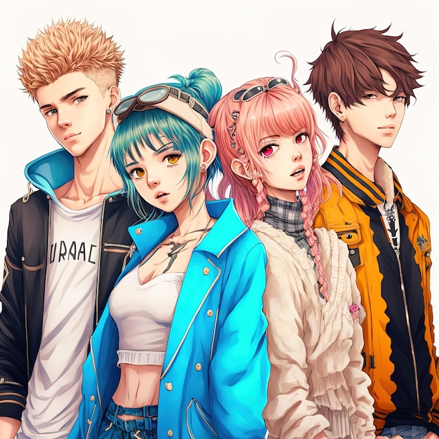 Photo group of young people in anime style manga girls and boys generative ai