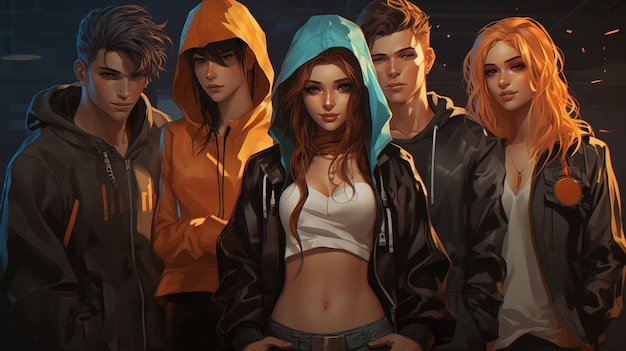 Группа молодых людей в стиле аниме, манга, девочки и мальчики, хип-хоп движение