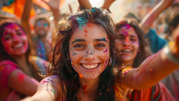 A group of young people are celebrating the holiday Holi They are throwing colorful powder at each other and smiling