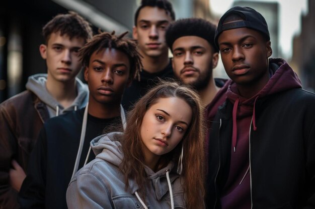 a group of young people are standing together and one of them is wearing a jacket that says " the word ".