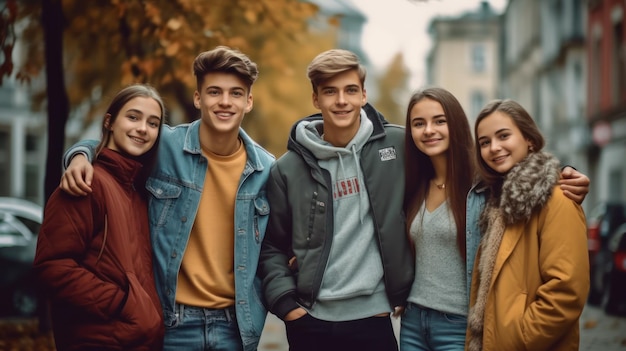 A group of young people are standing together in a park.