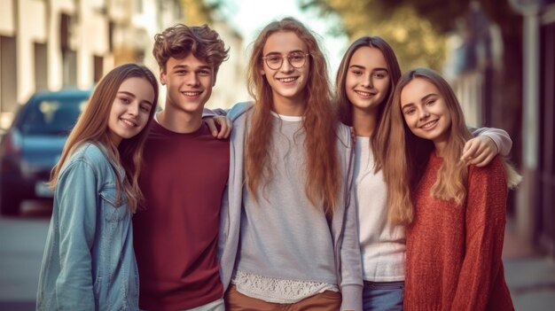 A group of young people are standing together and smiling.