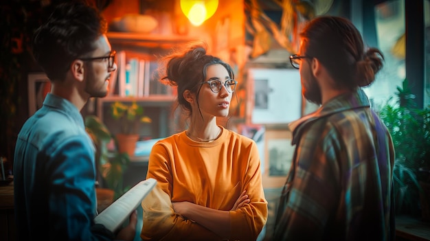 Group of young people in casual clothes talking and smiling while sitting in cafe