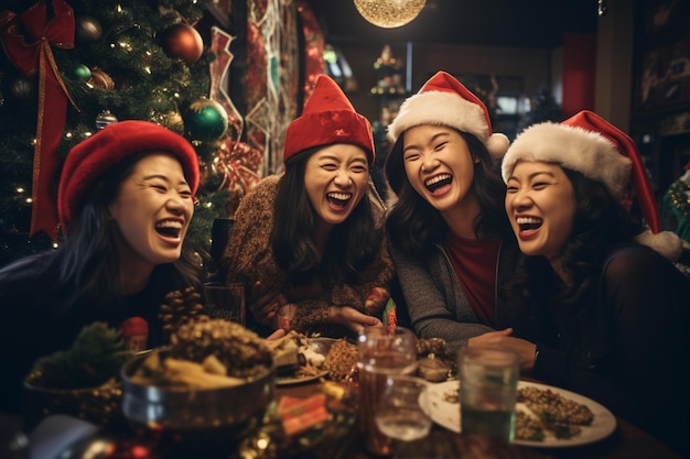 A group of young people celebrate Christmas together in a restaurant