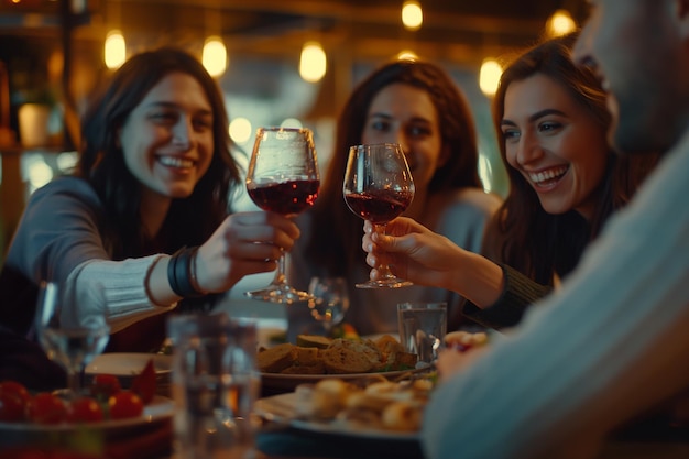 Foto gruppo di giovani che festeggiano e brindano al vino al pub