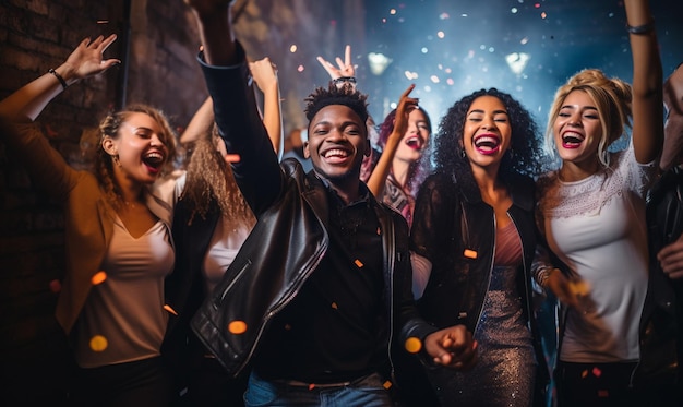 Photo group of young people celebrating with confetti in the background