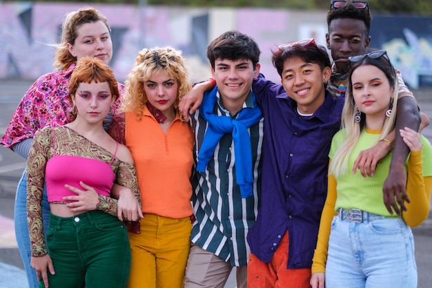 Photo group of young people claiming with colorful clothes makeup