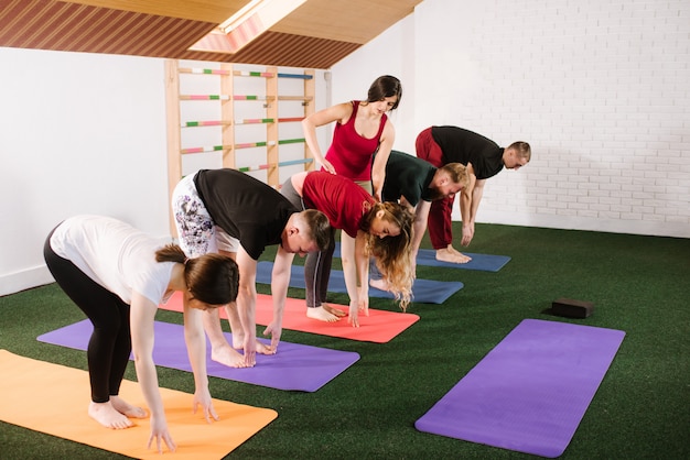 A group of a young people doing joga exercises indoors at the gym