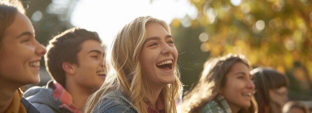 Photo a group of young people enjoy laughter and conversation on an outdoor bench