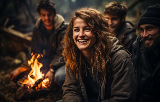 a group of young people in the forest around a fire Generative AI