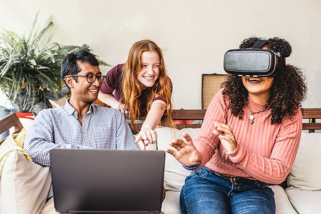 Group of young people from generation z using augmented reality people having fun with modern technologies and virtual reality app