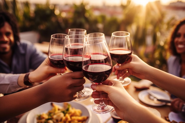 Group of young people hands toasting red wine at rooftop party AI Generated