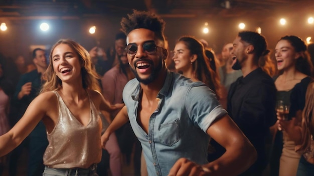 Group of young people having fun dancing at party