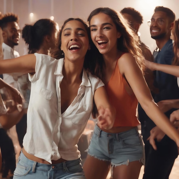 Group of young people having fun dancing at party