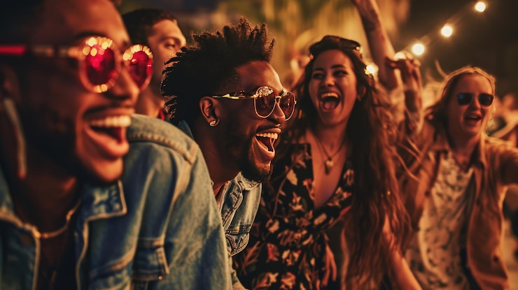 Photo group of young people having fun at an outdoor evening party