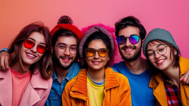 Group of young people in hipster style on a colorful background