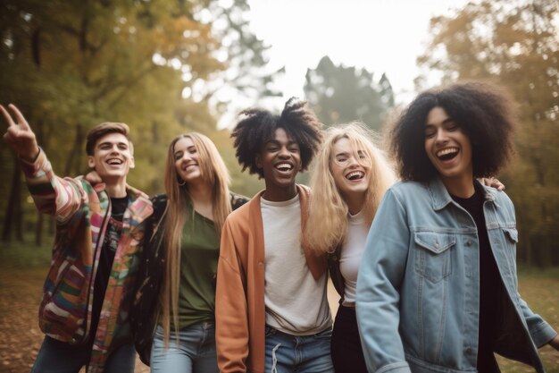 A group of young people laughing together in a park generative AI