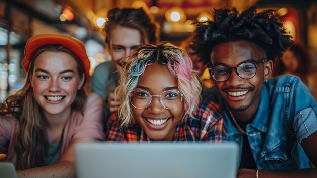 Photo group of young people looking at a laptop