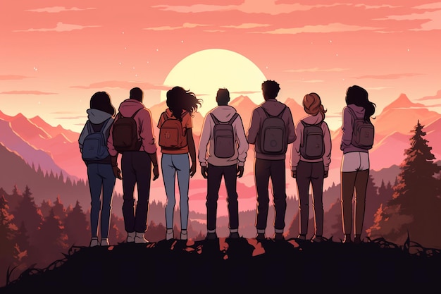 A group of young people looking at a sunrise or sunset