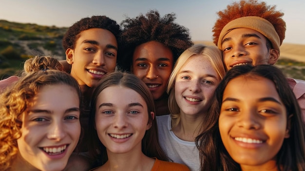 a group of young people posing for a photo with one of them wearing orange shirt
