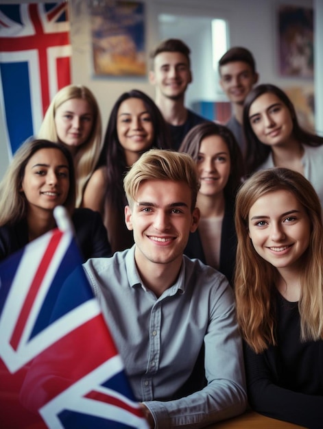 a group of young people posing with a flag in the background.