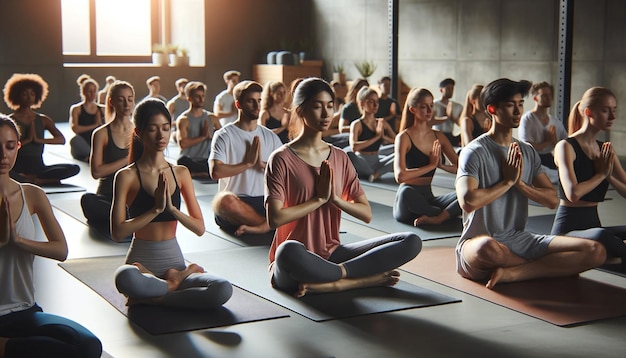 A group of young people practicing yoga in a gym