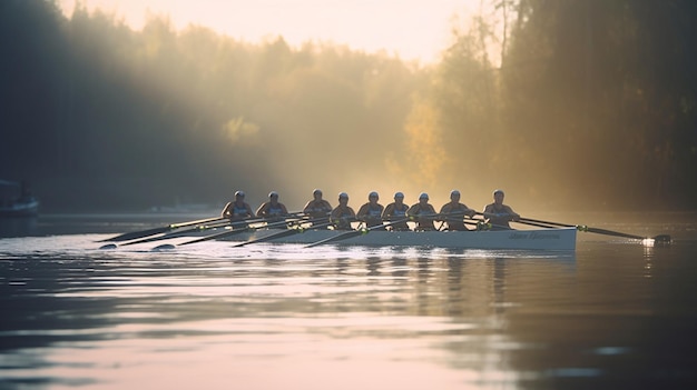 Group of young people rowing on a lake in the morninggenerative ai