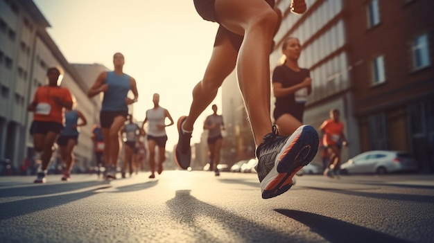 Photo group of young people running in the city