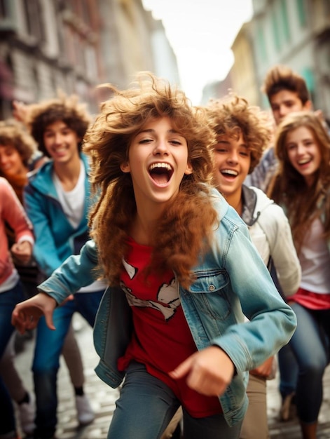 Foto gruppo di giovani che corrono in una strada con una ragazza che indossa una maglietta rossa.