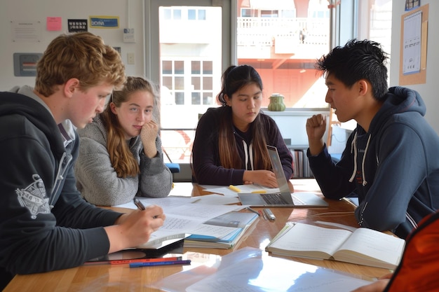 A group of young people sitting around a wooden table