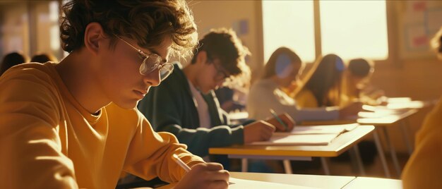 Photo group of young people sitting in classroom desks