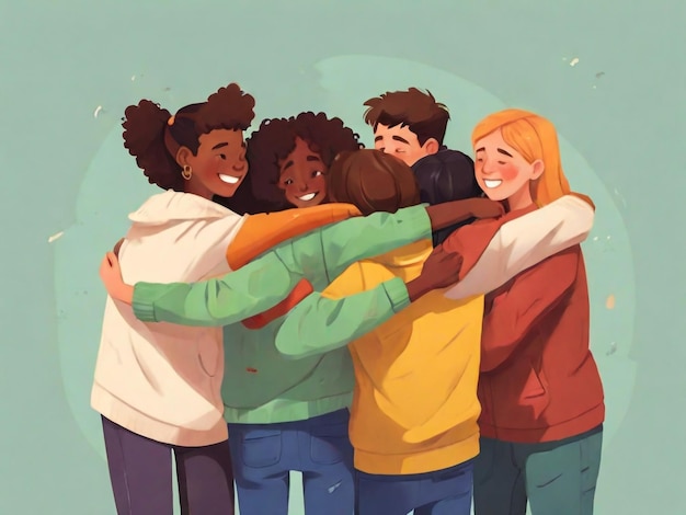 Group of young people standing together and hugging set Friendship collaboration and teamwork vector illustration