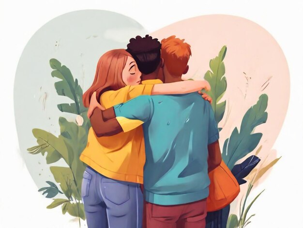 Group of young people standing together and hugging set Friendship collaboration and teamwork vector illustration