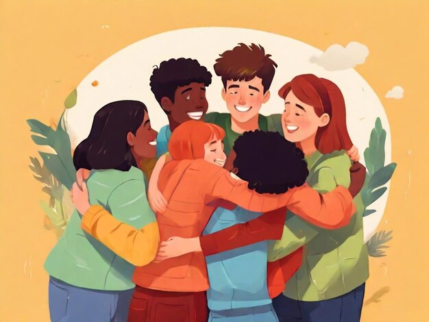 Group of young people standing together and hugging set Friendship collaboration and teamwork vector illustration