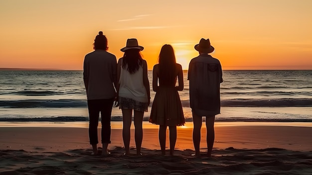 AIが生成した海に沈む夕日を眺める若者のグループ