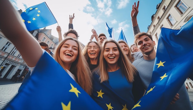 Foto un gruppo di giovani si fa un selfie sullo sfondo sventola la bandiera dell'unione europea