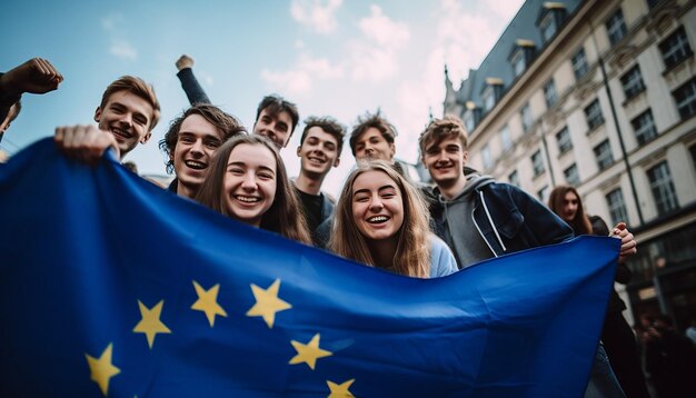 Foto un gruppo di giovani si fa un selfie sullo sfondo sventola la bandiera dell'unione europea