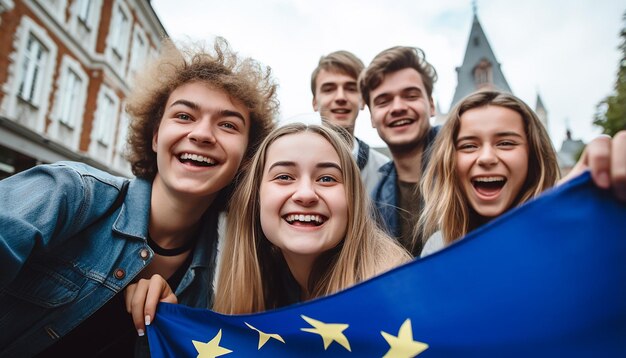 a group of young people take a selfie in the background the flag of the european union is waving