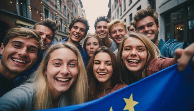 a group of young people take a selfie in the background the flag of the european union is waving