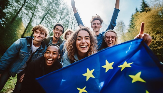 Photo a group of young people take a selfie in the background the flag of the european union is waving