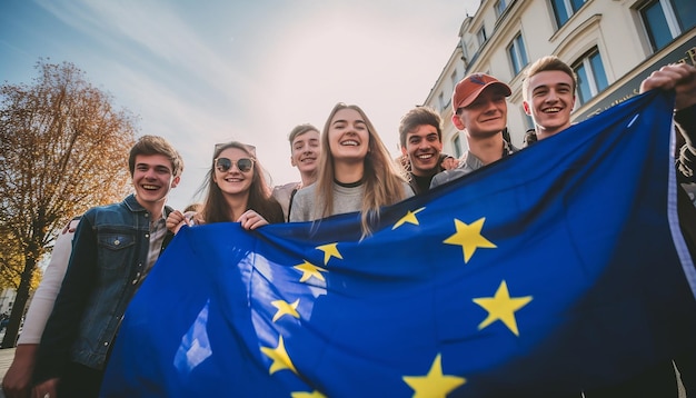 A group of young people take a selfie in the background the flag of the european union is waving