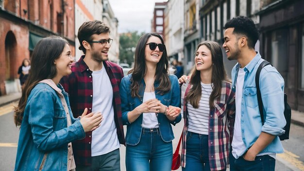 Group of young people talk and laugh in the street