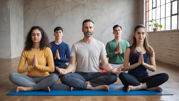 Group of young people and teacher sitting in padmasana pose