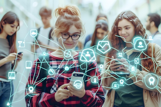 Photo group of young people using mobile devices