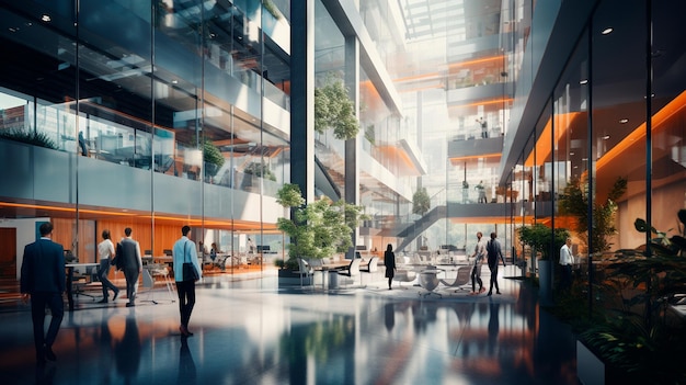 group of young people walking in modern office lobby