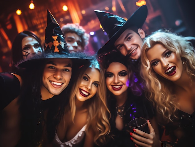 Group of young people wearing costumes at halloween party drinking cocktails and having fun in nightclub